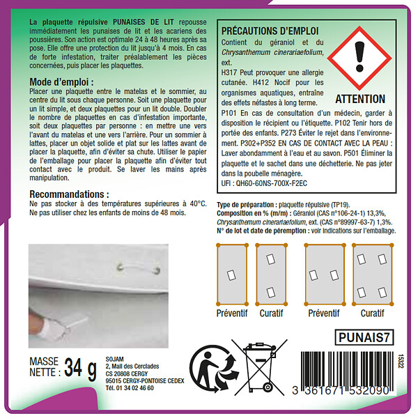 ACTO - Plaquette anti-punaises de lit et acariens - 34 g - large