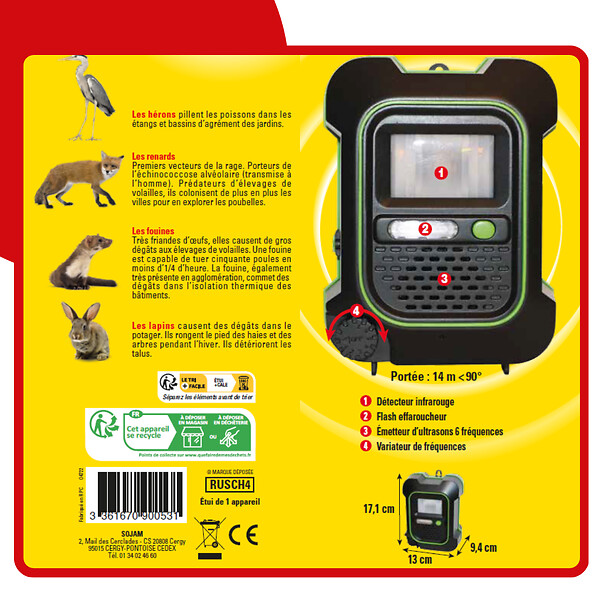 RETRO - Répulsif à ultrasons pour animaux - 200m² - 6 fréquences - large