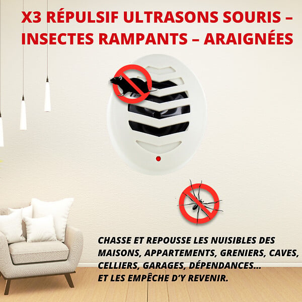 RETRO - Lot de 3 répulsifs ultrasons souris insectes rampants 135m2 - large