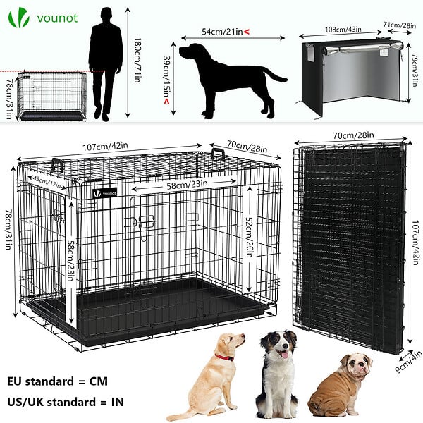 VOUNOT - Cage pour chien pliable avec 2 portes verrouillable plateau amovible et housse de protection 107x70x78cm - large