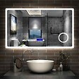 AICA SANITAIRE - AICA Miroir simple de salle de bain tricolore réglable LED avec bluetooth, anti-buée et miroir grossissant,horizontal 120*70cm - vignette