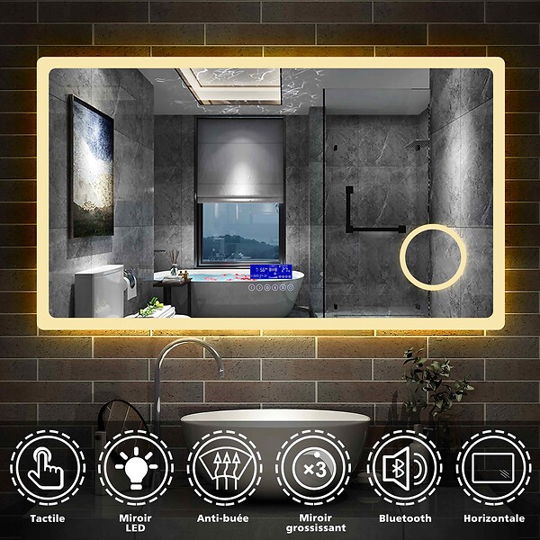 AICA SANITAIRE - AICA Miroir simple de salle de bain tricolore réglable LED avec bluetooth, anti-buée et miroir grossissant,horizontal 120*70cm - large