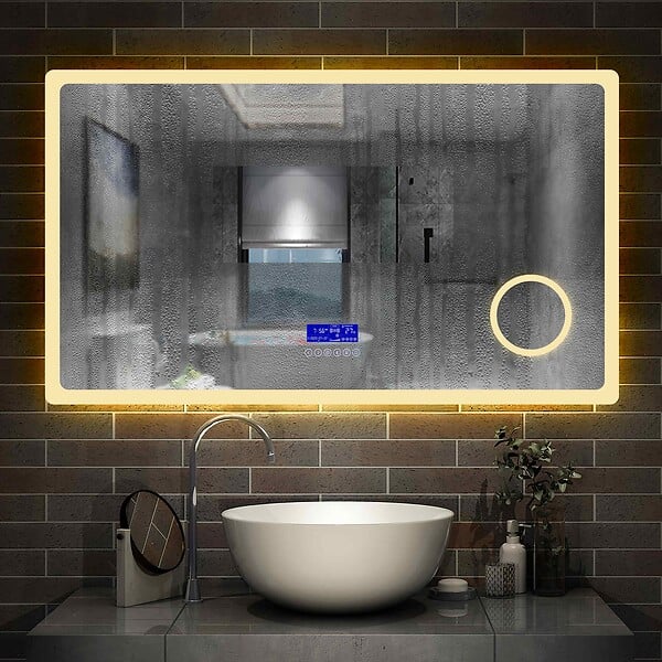 AICA SANITAIRE - AICA Miroir simple de salle de bain tricolore réglable LED avec bluetooth, anti-buée et miroir grossissant,horizontal 120*70cm - large