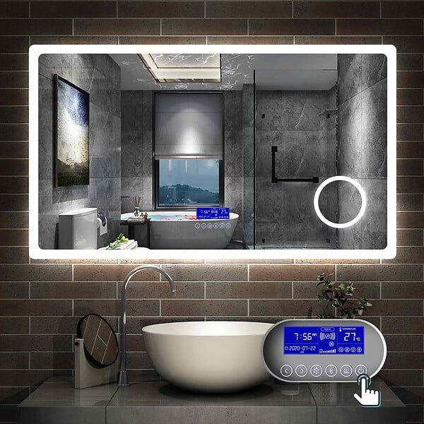 AICA SANITAIRE - AICA Miroir simple de salle de bain tricolore réglable LED avec bluetooth, anti-buée et miroir grossissant,horizontal 120*70cm - large