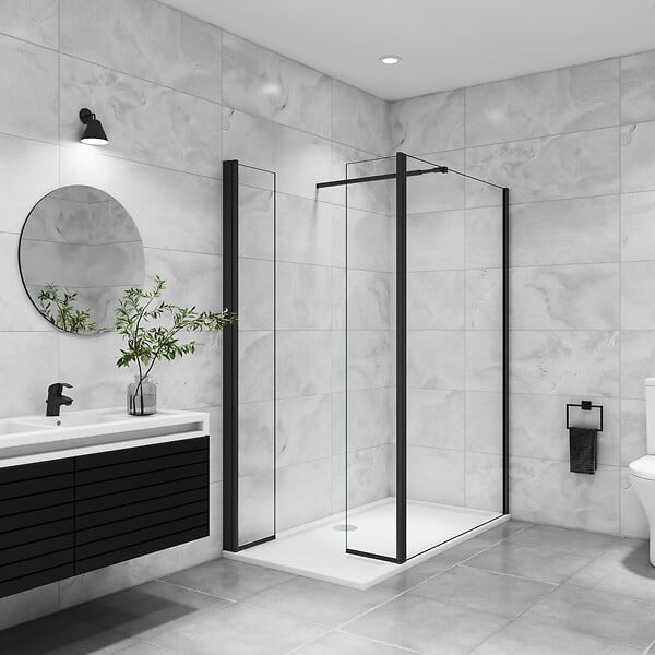 AICA SANITAIRE - AICA paroi de douche avec retour pivotant 120+40x200cm avec une barre extensible, paroi de douche pivotante 45x200cm, profil en Noir mat, verre 8mm securit anticalcaire - large