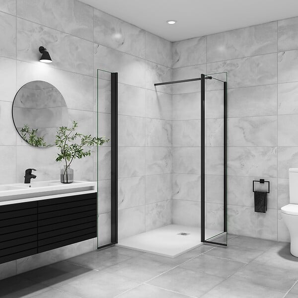 AICA SANITAIRE - AICA paroi de douche avec retour pivotant 50+40x200cm avec une barre extensible, paroi de douche pivotante 45x200cm, profil en Noir mat, verre 8mm securit anticalcaire - large