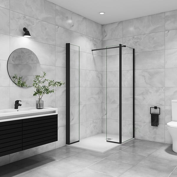 AICA SANITAIRE - AICA paroi de douche avec retour pivotant 50+40x200cm avec une barre extensible, paroi de douche pivotante 45x200cm, profil en Noir mat, verre 8mm securit anticalcaire - large