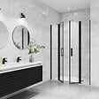 AICA SANITAIRE - AICA porte de douche battante 145x200cm avec 2 éléments fixes Profilé noir mat Porte de douche Hauteur 200cm en verre anticalcaire - vignette
