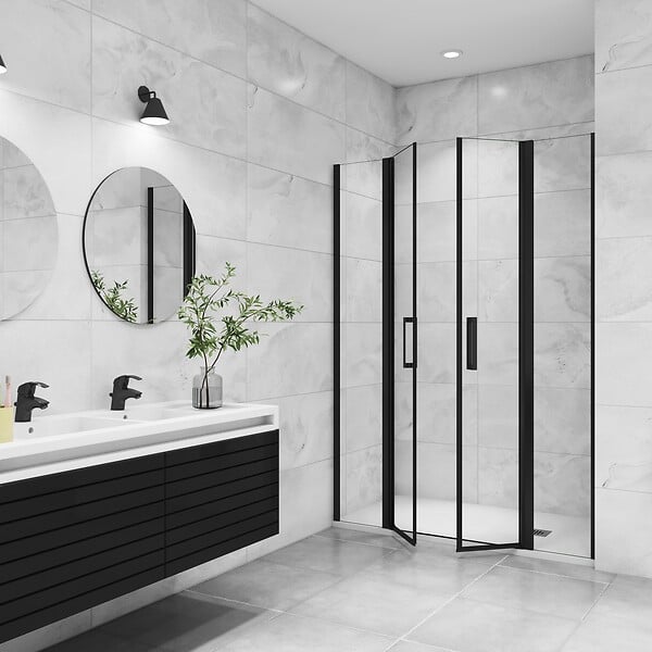 AICA SANITAIRE - AICA porte de douche battante 155x200cm avec 2 éléments fixes Profilé noir mat Porte de douche Hauteur 200cm en verre anticalcaire - large