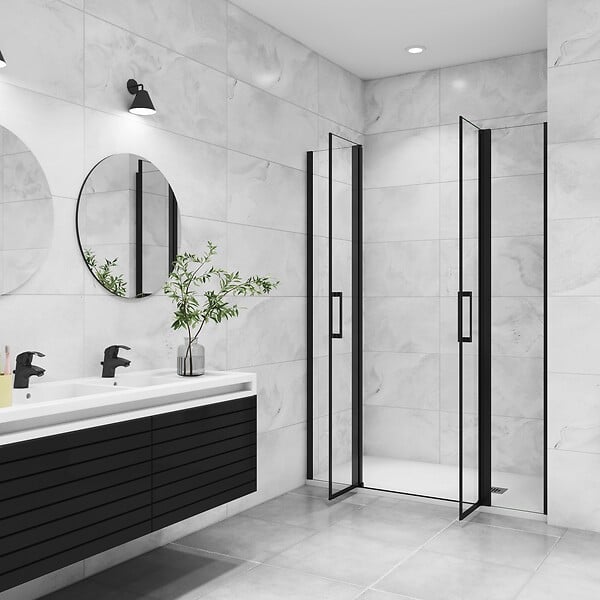 AICA SANITAIRE - AICA porte de douche battante 155x200cm avec 2 éléments fixes Profilé noir mat Porte de douche Hauteur 200cm en verre anticalcaire - large
