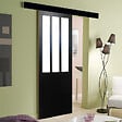 GD MENUISERIES - Porte Coulissante Atelier Noir Vitrée H204 x L83 cm, Rail alu Bandeau Noir - vignette