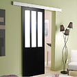 GD MENUISERIES - Porte Coulissante Atelier Noir H204 x L93 cm, Rail Alu bandeau blanc, Coquilles - vignette