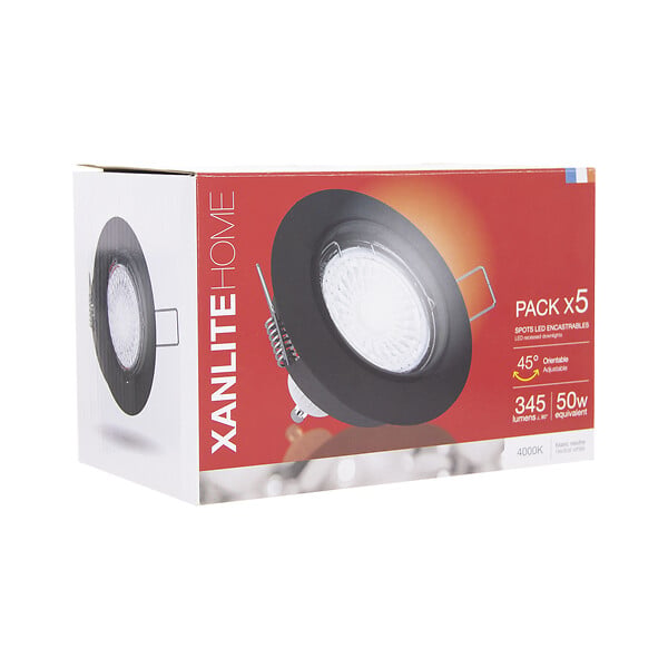 XANLITE - Lot de 5 spots LED encastrables noirs avec ampoules incluses, culot GU10, puissance équivalente 50W, flux 345 lm, lumière blanc neutre 4000 K, usage intérieur - large