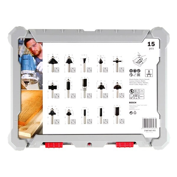 BOSCH - Coffret de 15 fraises mixtes Bosch Professional 2607017472 à queue de 8mm - large