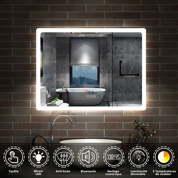 AICA SANITAIRE - Miroir LED salle de bain bluetooth + horloge + antibuée 3 couleurs -100x60cm - large