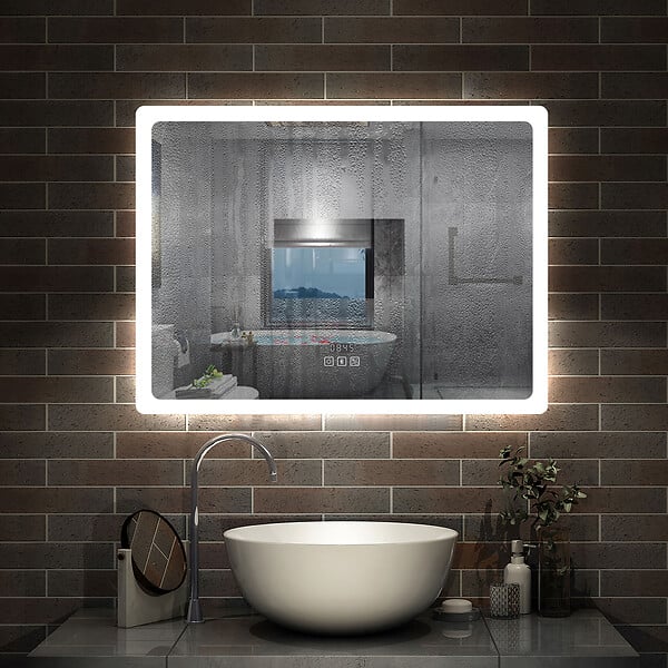 AICA SANITAIRE - Miroir LED salle de bain bluetooth + horloge + antibuée 3 couleurs -100x60cm - large