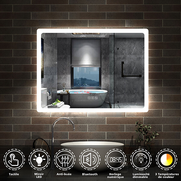 AICA SANITAIRE - Miroir LED salle de bain bluetooth + horloge + antibuée 3 couleurs -120x70cm - large