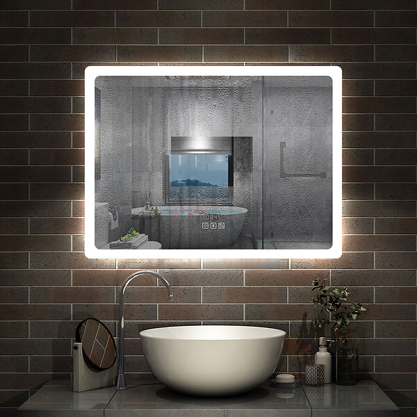 AICA SANITAIRE - Miroir LED salle de bain bluetooth + horloge + antibuée 3 couleurs -120x70cm - large