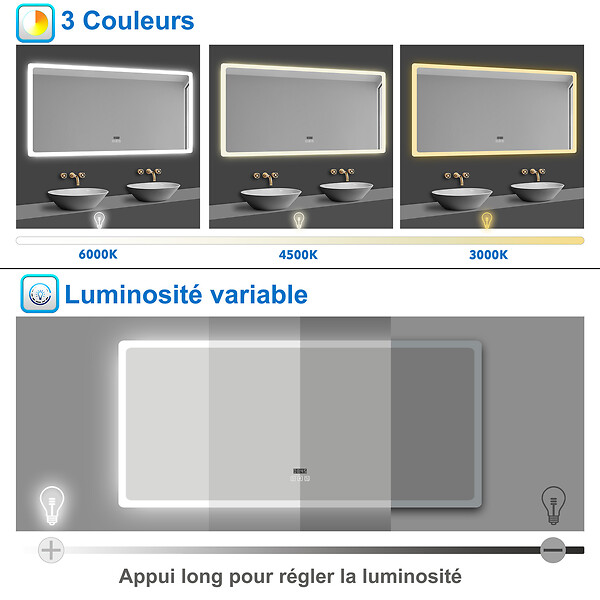 AICA SANITAIRE - Miroir LED salle de bain bluetooth + horloge + antibuée 3 couleurs -120x70cm - large