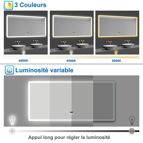 AICA SANITAIRE - Miroir LED salle de bain bluetooth + horloge + antibuée 3 couleurs -80x60cm - large