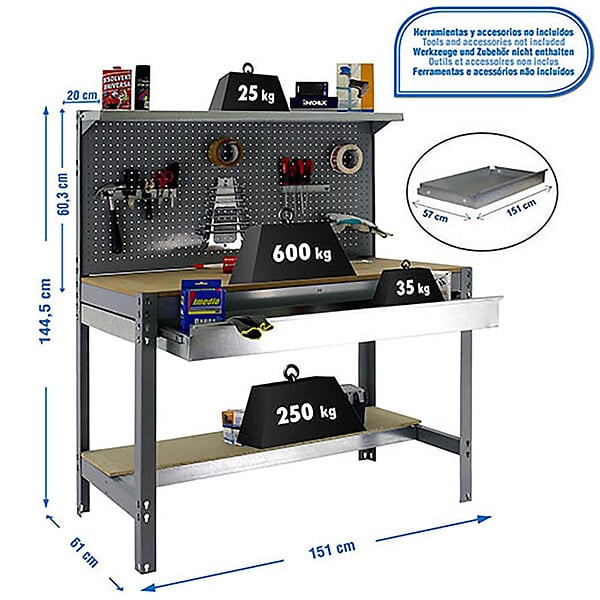 SIMON RACK - établi d'atelier métallique complet SimonRack Simonwork BT3 BOX 1500 gris/bois 1445x1510x610mm, panneau perforé, étagères, large tiroir, charge 600kg SIMONRACK - large