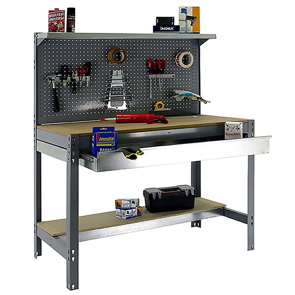 SIMON RACK - établi d'atelier métallique complet SimonRack Simonwork BT3 BOX 1500 gris/bois 1445x1510x610mm, panneau perforé, étagères, large tiroir, charge 600kg SIMONRACK - large