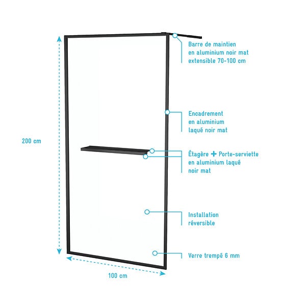 AURLANE - Paroi de Douche Noir Mat 100x200cm - Porte-serviette et étagère - DARK CONTOURING SHELF - large