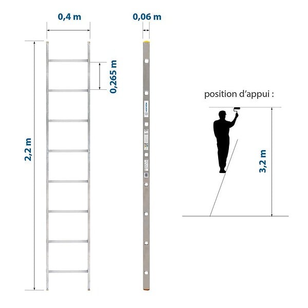 HOSTRÃ–M - Echelle simple StablePro 8 marches en aluminium, légère et durable, hauteur de travail maximale 3,2m, garantie 5 ans, charge maximale 150kg, Hostrom - large