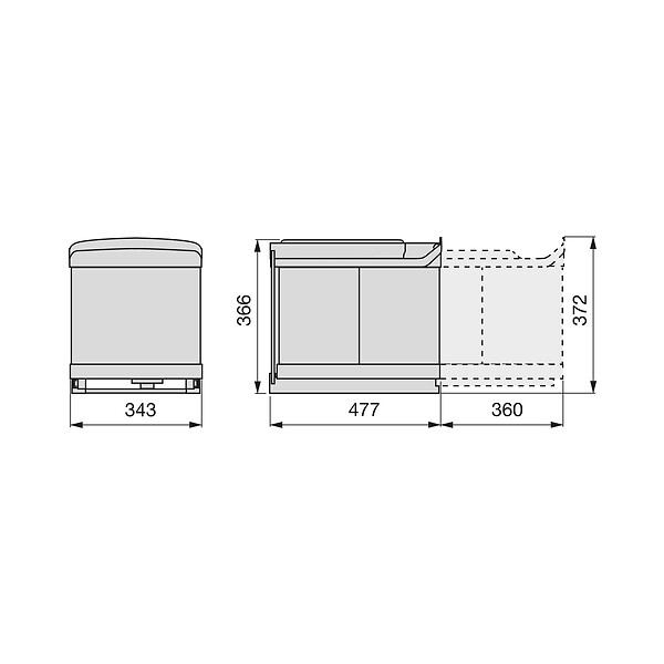 EMUCA - Bac de tri sélectif à fixation inférieure et extraction automatique dans module de cuisine 2x16litres, Plastique et acier inoxydable - large