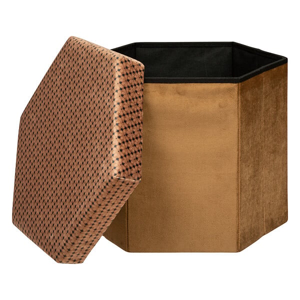ATMOSPHERA - Pouf pliant et Coffre de rangement en velours Marron Caramel avec motifs - large