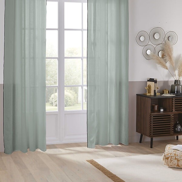 ATMOSPHERA - Rideau à œillets en Lin Vert Céladon avec surpiqûre noire 130 x 260 cm - large