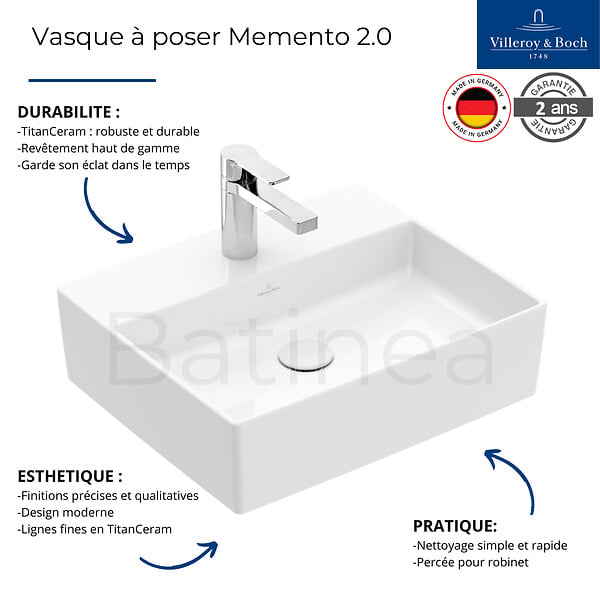 VILLEROY & BOCH - Villeroy & Boch Memento 2.0 Vasque à poser rectangulaire, 60 x 42 x 14 cm, avec trop-plein, non meulé, blanc (4A076001) - large