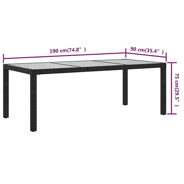 VIDAXL - vidaXL Table de jardin Noir 190x90x75 cm Verre trempé/résine tressée - large