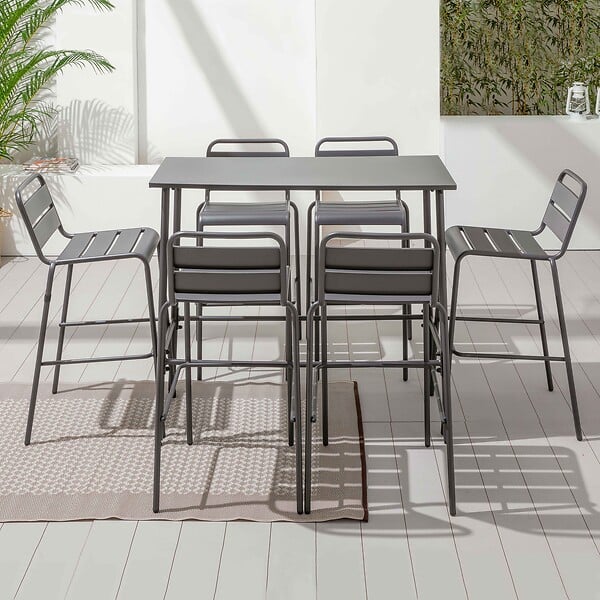 OVIALA - Ensemble table haute de jardin et 6 chaises en métal gris - Palavas - large