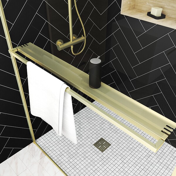 AURLANE - Paroi de Douche Or Doré Brossé 140x200cm - Porte-Serviette et Etagère - large