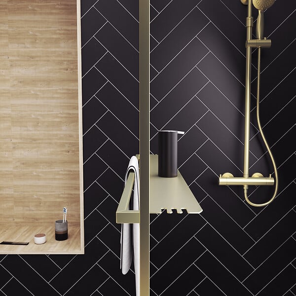 AURLANE - Paroi de Douche Or Doré Brossé 140x200cm - Porte-Serviette et Etagère - large