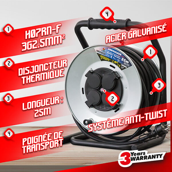 I-WATTS PRO - Enrouleur 4 prises-h07rn-3g2.5MM²-25M - Acier galvanisé -I-watts Pro - large