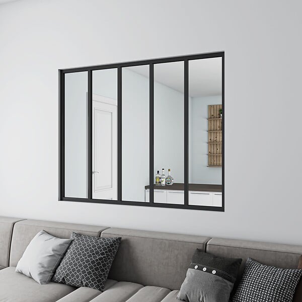 AICA SANITAIRE - Verrière intérieure aluminium noir mat 153x108cm 5 vitrage et carreaux verrière fixe kit de verrière - large