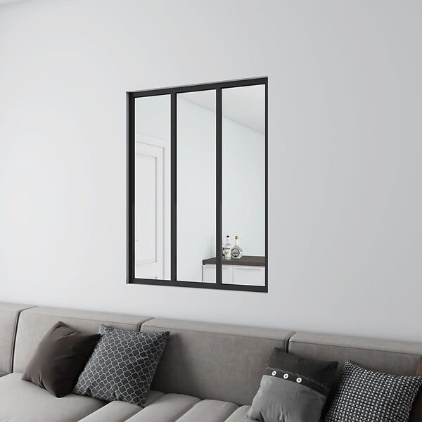 AICA SANITAIRE - Verrière intérieure aluminium noir mat 93x108cm 3 vitrage et carreaux verrière fixe kit de verrière - large