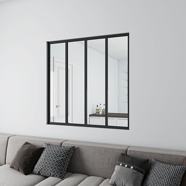 AICA SANITAIRE - Verrière intérieure aluminium noir mat 123x108cm 4 vitrage et carreaux verrière fixe kit de verrière - large