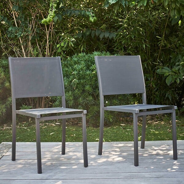 OVIALA - Lot de 2 chaises de jardin aluminium et textilène gris - Nice - large