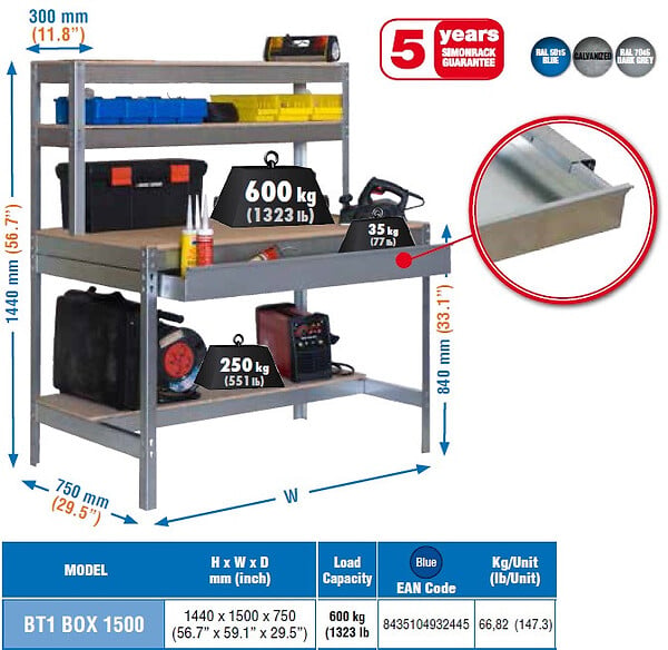 SIMON RACK - Simon Rack - Kit Etabli avec tiroir 1440x1500x750mm - BT-1 BOX 1500 BLEU/BOIS SIMONRACK - large