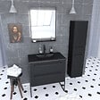 AURLANE - Meuble Salle de Bains 80 cm, Vasque Noire, Miroir Led et Colonne - Noir - STRUCTURA - vignette