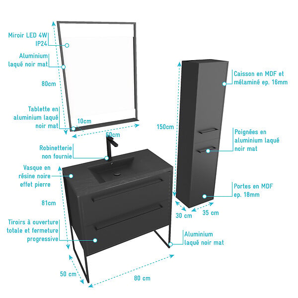 AURLANE - Meuble Salle de Bains 80 cm, Vasque Noire, Miroir Led et Colonne - Noir - STRUCTURA - large