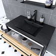 AURLANE - Meuble de salle de bain 80x50 cm NOIR MAT - 2 tiroirs - vasque résine noire effet pierre + miroir - vignette