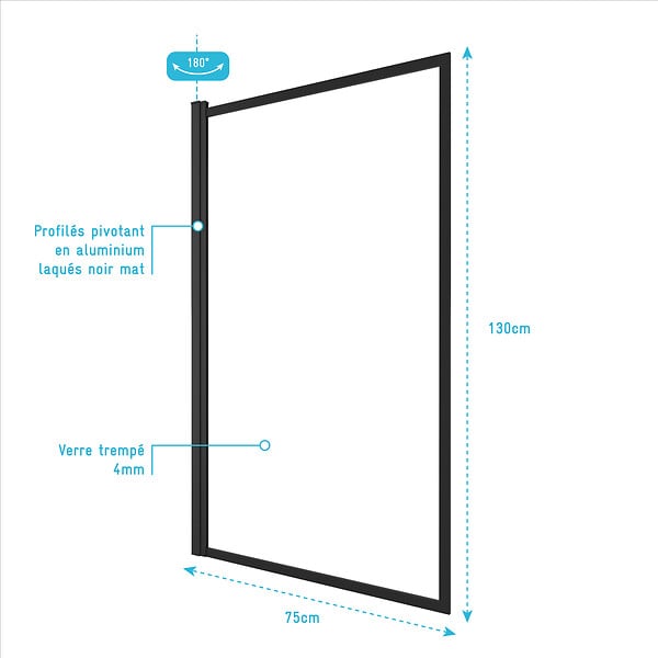 AURLANE - Pare baignoire rabattable 75x130cm - Finition Noir Mat - DARK CONTOURING SCREEN - large