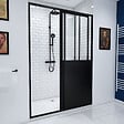 AURLANE - Pack Porte Coulissante Noire Mate Type 'Atelier' et Receveur Blanc Effet Pierre - 120x90x200 cm - vignette