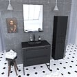 AURLANE - Pack meuble de salle de bain 80x50 cm Noir - 2 tiroirs - vasque noire - miroir - colonne suspendu - vignette