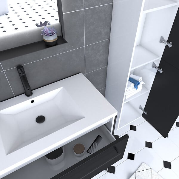 AURLANE - Meuble Salle de Bains 80 cm, Vasque Blanche, Miroir Led et Colonne - Blanc et Noir - STRUCTURA - large
