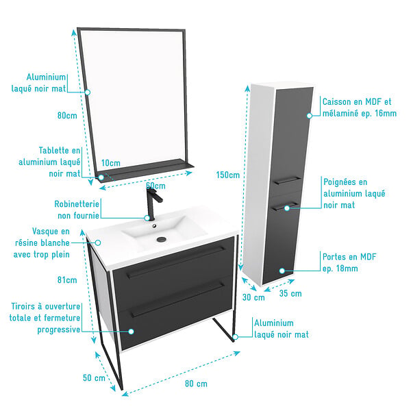 AURLANE - Pack meuble de salle de bain 80x50 cm NOIR - vasque résine blanche + miroir noir mat + colonne - large
